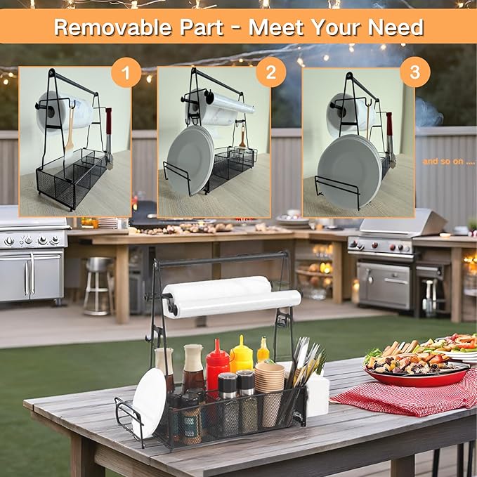 Grill Caddy, BBQ Caddy with Paper Towel Holder and 2 Hooks, Grill Utensil Organizer for Camping Outdoor Barbecue Accessories Organizer, Grilling Gifts for Men