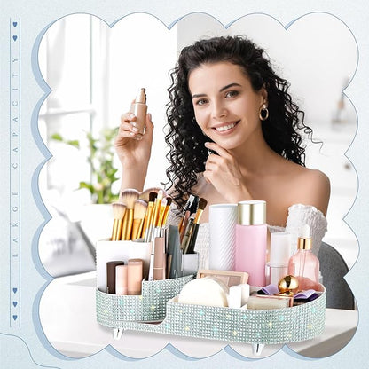 Teen Girls Mother's Day 360 Rotating Bling Makeup Organizer Gift Rhinestone Diamond Bathroom Organizer Girly Skin Care Brush Holder for Countertop, Bathroom Essentials(Silver,Rhinestone)