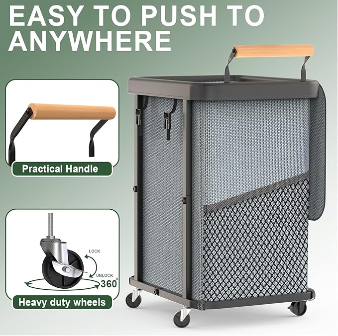 150L (40 Gal) Extra Large Fashion Laundry Basket with Wheels, Rolling Basket Hamper with Handle, Organizer Storage Cart with Sturdy Metal Frame for Laundry Room - Gray