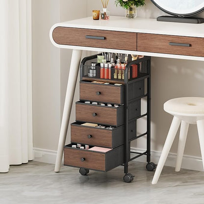 SWTYMIKI Rolling Makeup Organizer Cart - Under Desk Vanity Makeup Storage with 4 Non-woven Drawers, Nail Cart Organizer Cosmetic Display Cases Cabinet for Skin Care Perfume Nail Polish Brush Hair Tool