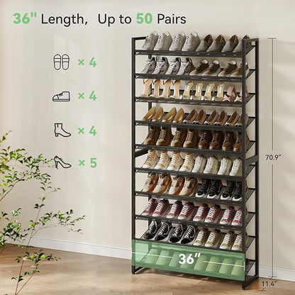 Nunsino Shoe Rack,10 Tier Metal Shoe Organizer,Max Holds 50 Pairs,Heavy Duty Shoes Shelf for Garage, Entryway, Closet,Black