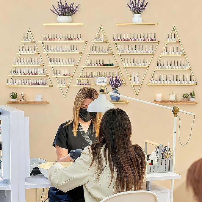10 Packs Metal Nail Polish Storage Racks, 5 Tiers Wall-Mounted Triangular Display Rack Cosmetic Display Cases, Nail Polish & Lipstick Display Rack Perfume Organizer for Home Spas Salons (Gold)