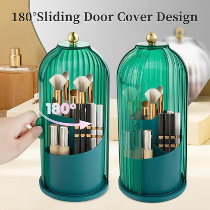 Makeup Brush Holder with Lid 360 Rotating Makeup Brush Organizer, Dustproof Waterproof Material & with 3 Compartments for Organized Storage, Dressing Tables Clear Storage Skincare Cosmetic (Green)