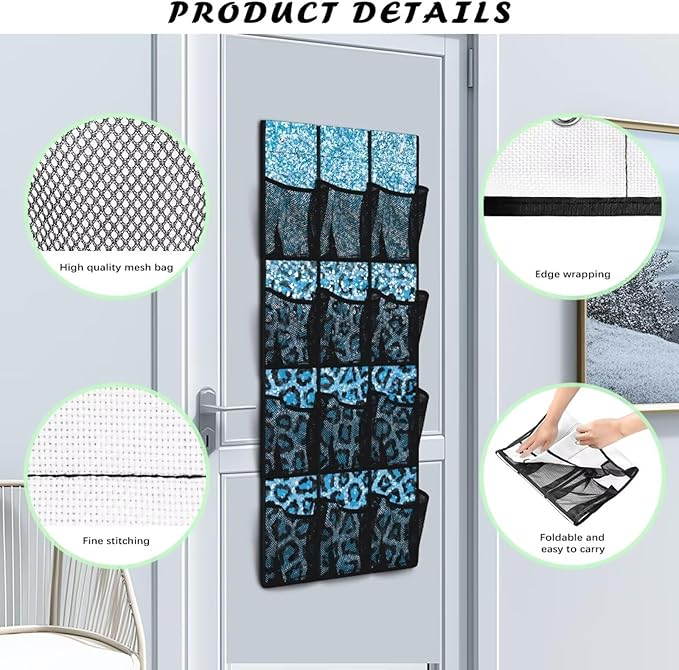 Large Capacity Door Organizer with 12 Pockets, Storage Hanging Bag Behind the Door for Accessories and Essentials, Foldable and Space Saving Design for Home Use, Shiny Blue Leopard Print