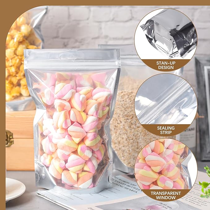 100 Pack 5x8 Mylar Bags for Food Storage and Resealable Stand Up for Small Business Packaging Supplies Great for Party Favor Food Storage