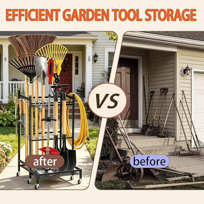 Garden Tool Organizer Rack with Wheels Up to 30-35 Tools, Heavy-Duty Steel Yard Tool Organizer for Garage Storage with 11 Hooks, Broom Holder & Garden Tool Rack for Shed, Patio, Lawn, Outdoor, Black