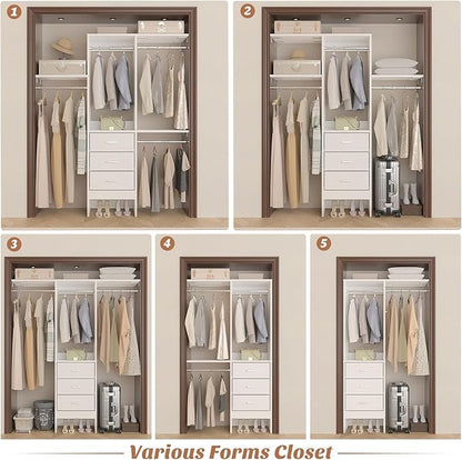 Besiost 4FT Small Closet System with 3 Fabric Drawers, 48'' Closet Organizer System With 3 Adjustable Shelves, Flexible Built-In Clothes Garment Rack for Small Space, 48" L x 13" W x 71" H, White