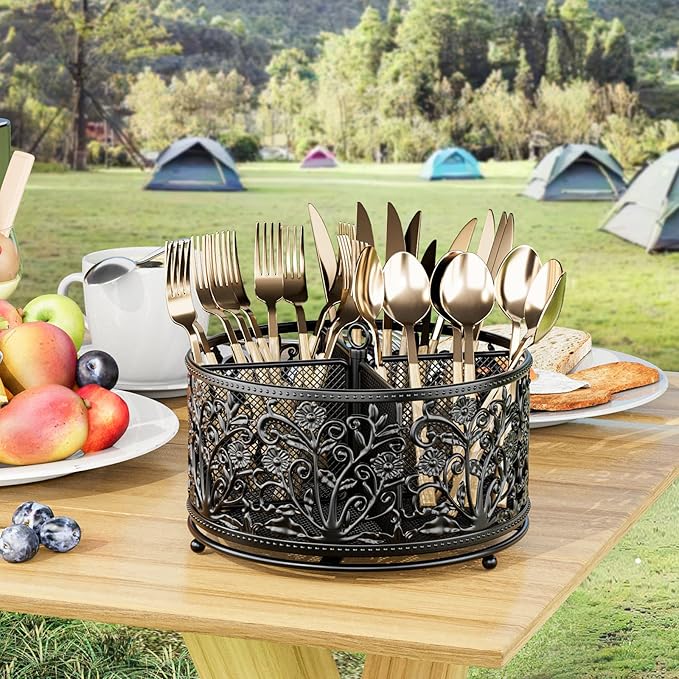 YIUKEA 360° Rotating Utensil Caddy - Silverware Cutlery Caddy Holder with 4 Compartment, Metal Flatware Organizer Countertop with Handle for Party Camping Picnic, Kitchen Counter, Office (Black)