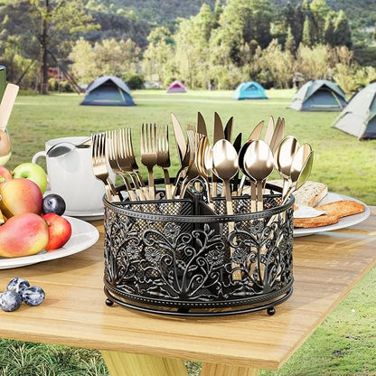 YIUKEA 360° Rotating Utensil Caddy - Silverware Cutlery Caddy Holder with 4 Compartment, Metal Flatware Organizer Countertop with Handle for Party Camping Picnic, Kitchen Counter, Office (Black)