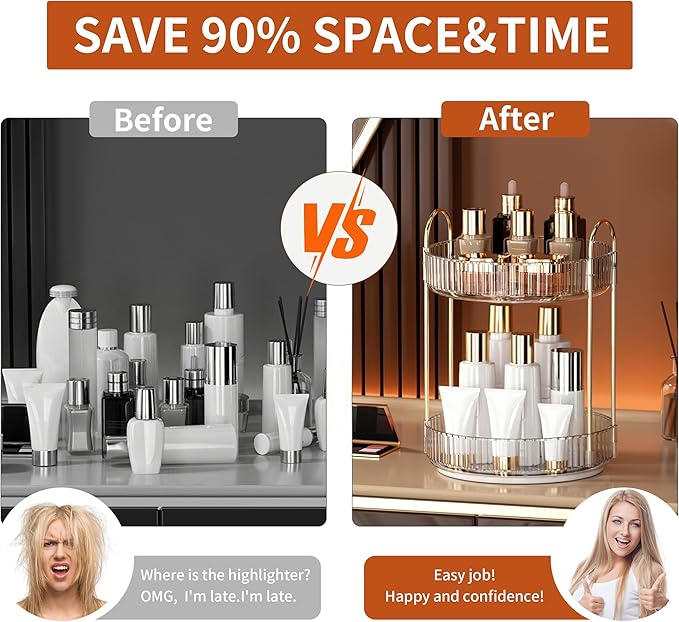 YCIA&DONE 360 Rotating Makeup Organizer and Storage for Vanity Bathroom Countertop, High Capacity Cosmetic Skincare Perfume Organizers for Dresser Lazy Susan (Clear White,2 Tiers)