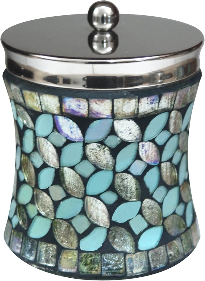 nu steel Sea Foam Q-tip Jar in Aqua Blue/Silver Glass Mosaic/ Stainless Steel for Bathrooms & Vanity Spaces