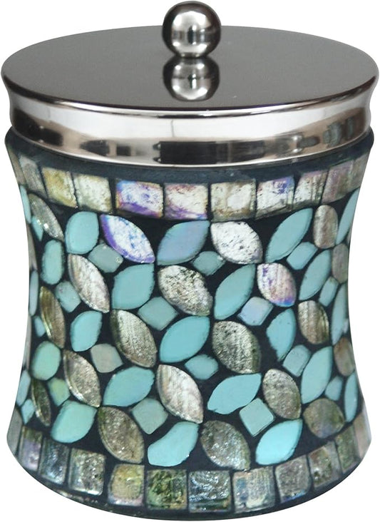 nu steel Sea Foam Q-tip Jar in Aqua Blue/Silver Glass Mosaic/ Stainless Steel for Bathrooms & Vanity Spaces