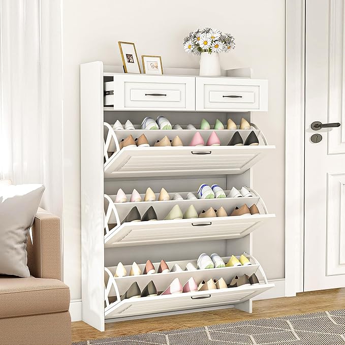 Vibe & Dine Narrow Shoe Organizer Cabinet with 3 Large Flip Drawers & 2 Storage Drawers - Slim Shoe Storage for Entryway, Hallway, Bedroom