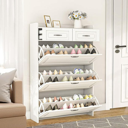 Vibe & Dine Narrow Shoe Organizer Cabinet with 3 Large Flip Drawers & 2 Storage Drawers - Slim Shoe Storage for Entryway, Hallway, Bedroom