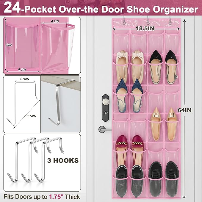Over-the-Door Kids Shoe Organizer, Pink Shoe Rack for Door, 24 Crystal Clear Pockets, Heavy-Duty Hanging Organizer, 3 Metal Hooks for Toddler Shoes