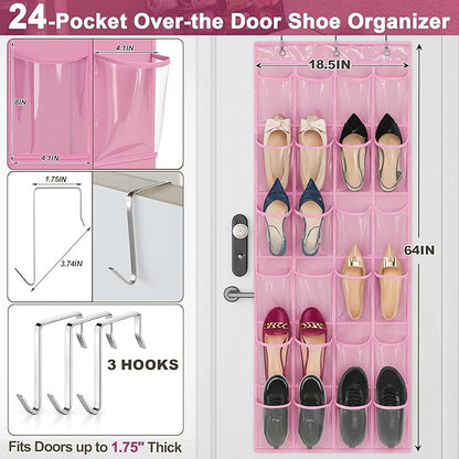 Over-the-Door Kids Shoe Organizer, Pink Shoe Rack for Door, 24 Crystal Clear Pockets, Heavy-Duty Hanging Organizer, 3 Metal Hooks for Toddler Shoes