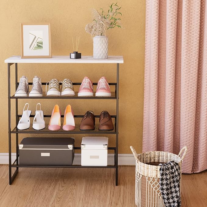Garden 4 you Shoe Rack for Entryway 4 Tiers 11.8" D x 25" W x 28" H, Metal Shoe Rocks with White Wooden Tabletop, Angled Shoes Rack with Adjustable Mesh Shelves for Entryway Hallway Closet