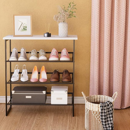 Garden 4 you Shoe Rack for Entryway 4 Tiers 11.8" D x 25" W x 28" H, Metal Shoe Rocks with White Wooden Tabletop, Angled Shoes Rack with Adjustable Mesh Shelves for Entryway Hallway Closet