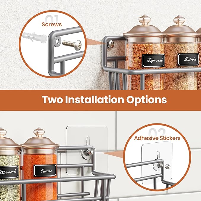 Mystozer 5 Pack Spice Rack Seasoning Organizer Wall Mount, Spice Storage Spice Rack Organizer Pantry Door Organizer Screw or Adhesive Hanging Shelf Basket Spice Organizer Shelf for Kitchen (Gray)