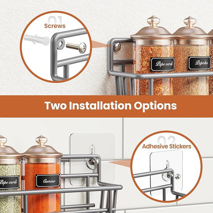 Mystozer 5 Pack Spice Rack Seasoning Organizer Wall Mount, Spice Storage Spice Rack Organizer Pantry Door Organizer Screw or Adhesive Hanging Shelf Basket Spice Organizer Shelf for Kitchen (Gray)