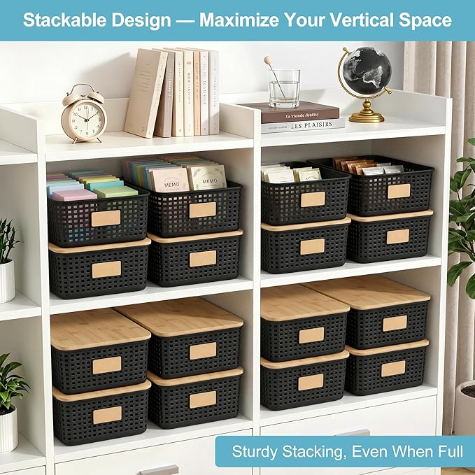 Bagnizer 4 Pack Plastic Storage Bins with Bamboo Lids, 6.2qt Stackable Storage Organizer Box with Lable for Pantry Shelves Drawers Desktop Office, 12"L x 8.3"W x 3.5"H, Black