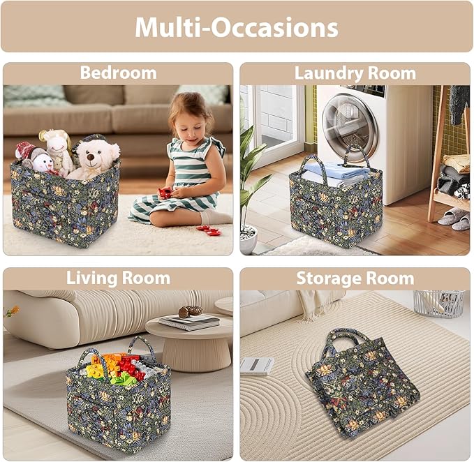 Storage Basket Boho Fabric Large Collapsible Floral Laundry Nursery Hamper Portable Folding Storage for Clothes Toys (Blue)