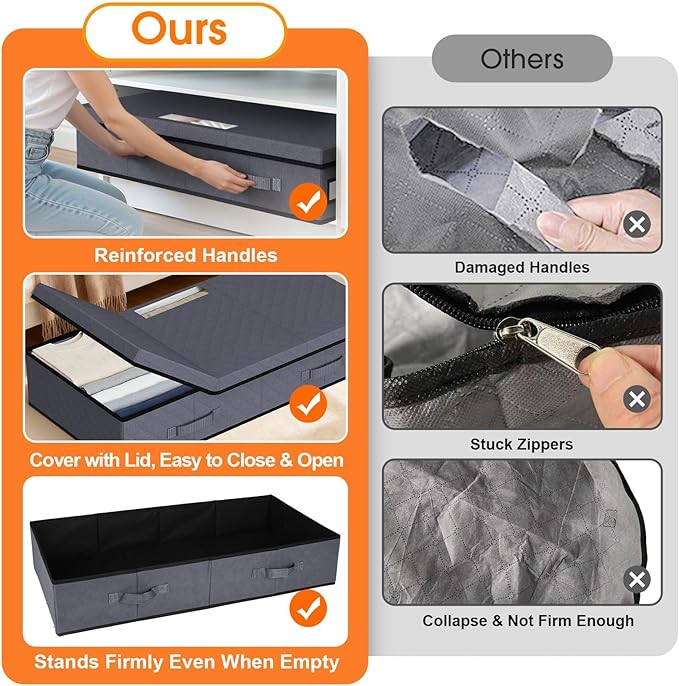 StoreHappily Under Bed Storage Containers with Lids - 2 Pack, Foldable and Stackable Clothes Storage Bags with Clear Window, 3-Sided Handles and Label Slot for Clothing, Blankets, Pillows (Grey)