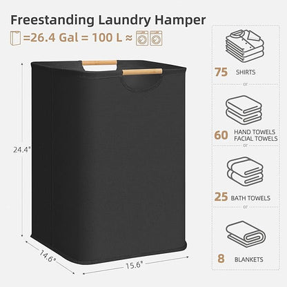 STORAGE MANIAC 1-Pack Large Laundry Hamper, 100L (26.4 Gal) Collapsible Laundry Basket with Bamboo Handles, Freestanding Waterproof Clothes Hamper for Laundry Room, Bedroom, Dorm, Towels, Toys, Black