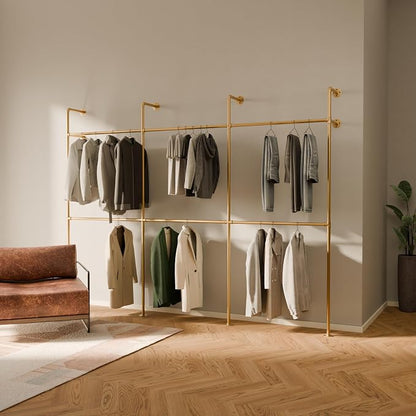 pamo Industrial Pipe Clothing Rack Gold - 1014 lbs Capacity - Wall Mounted Clothes Rack and Walk In Closet for Wardrobe