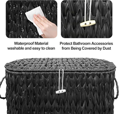 Coeusy Black Toilet Paper Basket with Lid,Wicker Toilet Paper Storage Stand,Large Narrow Bathroom Towel Basket Mega Roll Container Bin for Toilet Tank,Floor