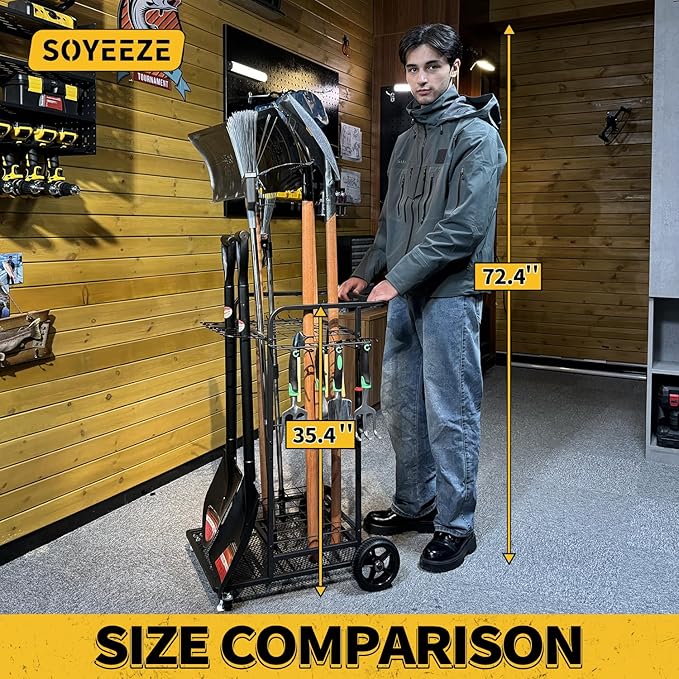 SOYEEZE Garden Tool Organizer with Large Wheels, Heavy Duty 3-Tier Yard Tower Tool Rack for Garage, Holds Up to 35 Long-Handled Tools, Garden Tool Cart with 12 Hooks for Tool Organization Storage