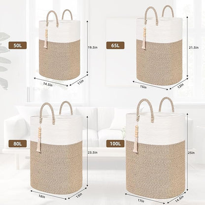 Woven Laundry Basket for Clothes, 100L Large Rectangle Laundry Hampers with Beads Tassel, Nursery Storage Basket for Toys, Tall Dirty Clothes Hamper for Bedroom Aesthetic, Laundry Room Organization