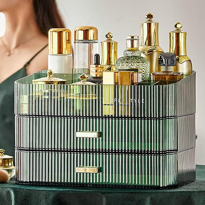 Makeup Organizer with Drawers, Stackable Cosmetics Organizer, Large Make Up Organizer Storage Box, Ideal for Bathroom Countertop and Desk (1 x Drawer, Green)