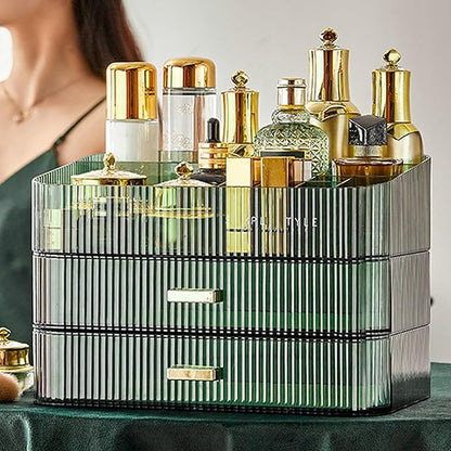 Makeup Organizer with Drawers, Stackable Cosmetics Organizer, Large Make Up Organizer Storage Box, Ideal for Bathroom Countertop and Desk (1 x Drawer, Green)