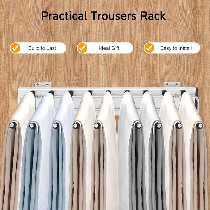 Pull Out Trousers Rack 9 Arms Closet Pants Hanger Bar Stainless Steel Rail Extendable Trousers Hanger for Clothes Towel Scarf Tie, 18.11x12.83in (Right Installation)