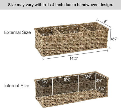 StorageWorks Wicker Toilet Basket Tank Topper, Toilet Paper Basket for Back of Toilet Tank Top, 3-Section Seagrass Storage Baskets for Shelves, 2-Pack