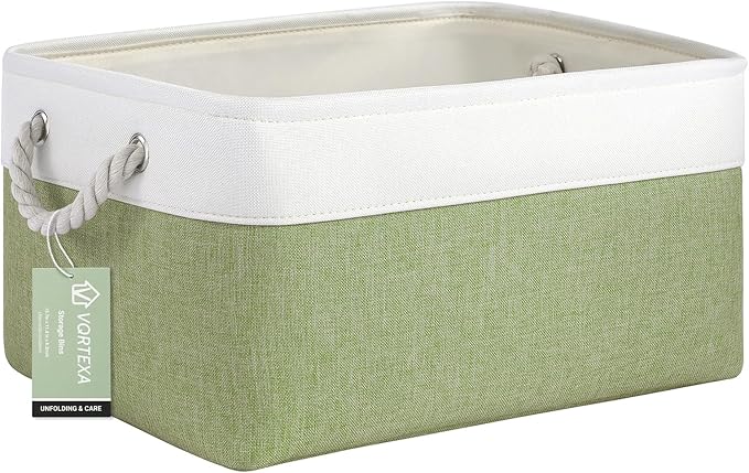 Large Storage Baskets- 15.7x11.8x8.26 inch Storage Bins for Shelves and Closet Organizing, Foldable Fabric Bin for Home Organization Clothes and Laundry (1-Pack, White&Green)