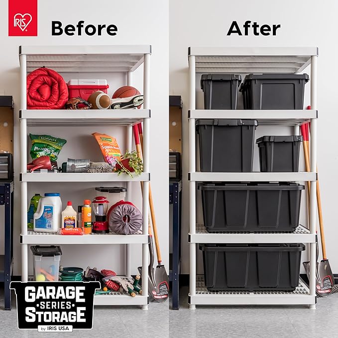 IRIS USA 5 Gallon Lockable Storage Bins with Lids, 6 Pack - Made in USA, Heavy Duty, Stackable Containers, Garage Organizing Bins Moving Tubs, Rugged Sturdy Equipment Utility Box - Black
