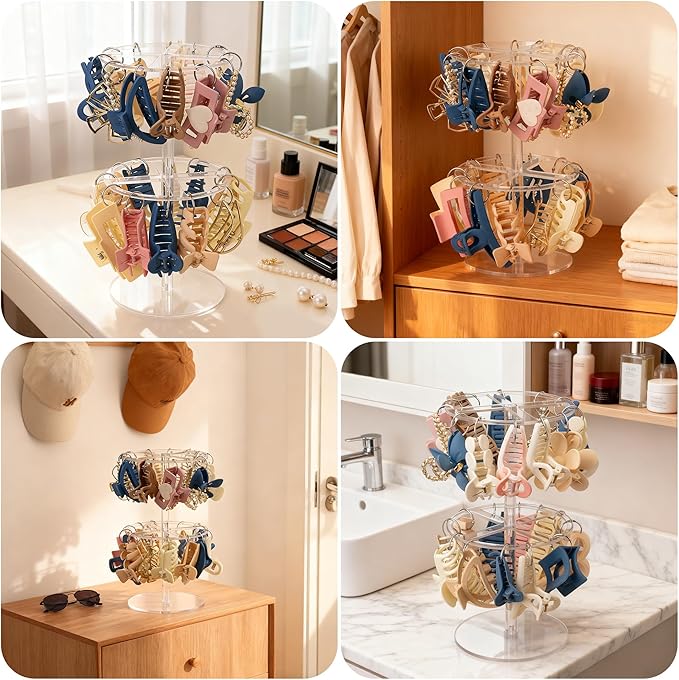 2-Tier Acrylic Claw Clip Organizer Rack- Large Capacity Hair Claw Clips Holder for Bathroom, Bedroom- Durable Clear Hair Accessories Organizer Storage for Women and Girls