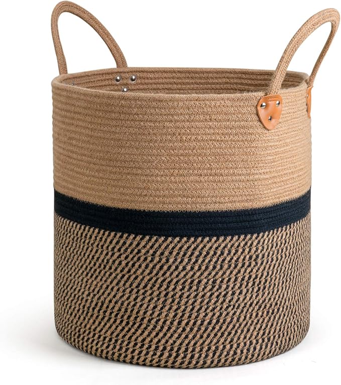 CHICVITA Extra Large Jute Woven Storage Basket with Handles – Laundry Basket Toy Towels Blanket Basket Home Decor Gift, 16" x 16", Black