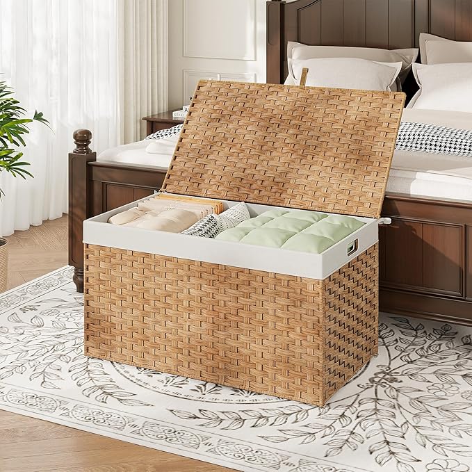 HOOBRO Storage Basket with Lid, 42.3 Gallon (160L) Wicker Basket, Handwoven Blanket Storage Basket with Handles, Metal Frame and Soft Lining, Foldable for Bedroom, Laundry Room, Natural NL216CW01