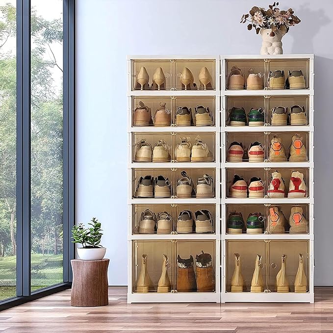 Foldable Storage Box - Clear Stackable Shoe Organizer with Lids - Large 6 Layer Shoe Rack Cabinet