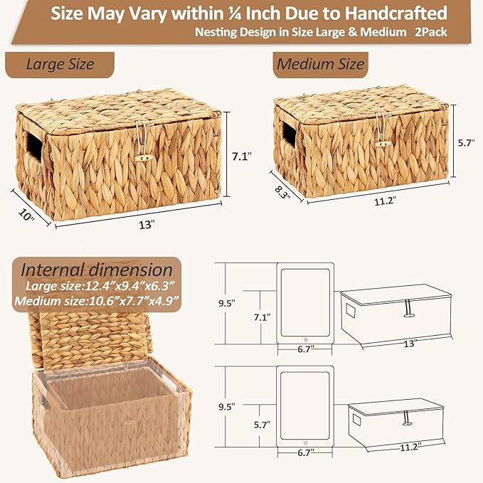Edergoo Wicker Basket with Lid, Water Hyacinth Storage Baskets for Shelves, Large & Small Storage Basket with Lid and Built-in Handles, Hand Woven Hyacinth Baskets 2 Pack