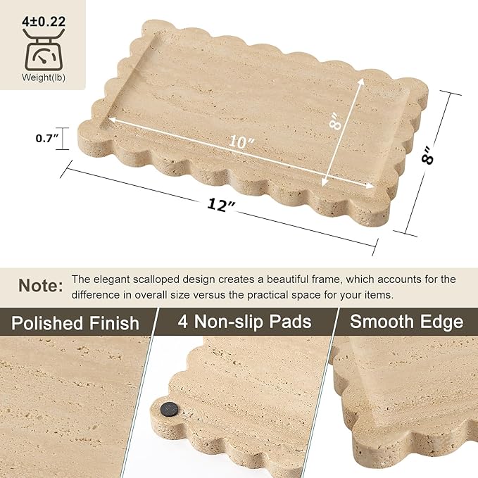 Real Natural Scalloped Travertine Tray for Bathroom, Vanity, Kitchen and Desktop, Decorative Stone Tray for Jewelry, Cosmetics, Candles, Lotion, Perfume and Home Décor (Travertine, 12" x 8")