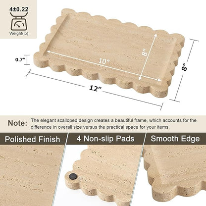 Real Natural Scalloped Travertine Tray for Bathroom, Vanity, Kitchen and Desktop, Decorative Stone Tray for Jewelry, Cosmetics, Candles, Lotion, Perfume and Home Décor (Travertine, 12" x 8")