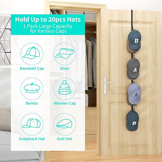 HapiRm Over Door Hat Rack - Hat Organizer with 4 Hooks Design, Hanging Baseball Cap Organizer Storage Holds Up to 20 Caps for Door, Bedroom, Closet (Black)