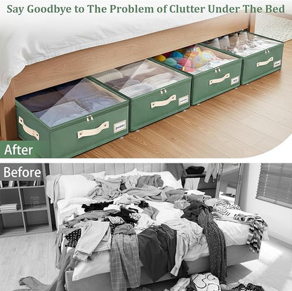 Dolicer 4 Pack Under Bed Storage with Wheels, 6in-10in Height Adjustable Underbed Storage Containers, 92L XXXL Under Bed Drawers Rolling Bin with Clear Lids for Dorm Shoes Clothes Organizers(Green)