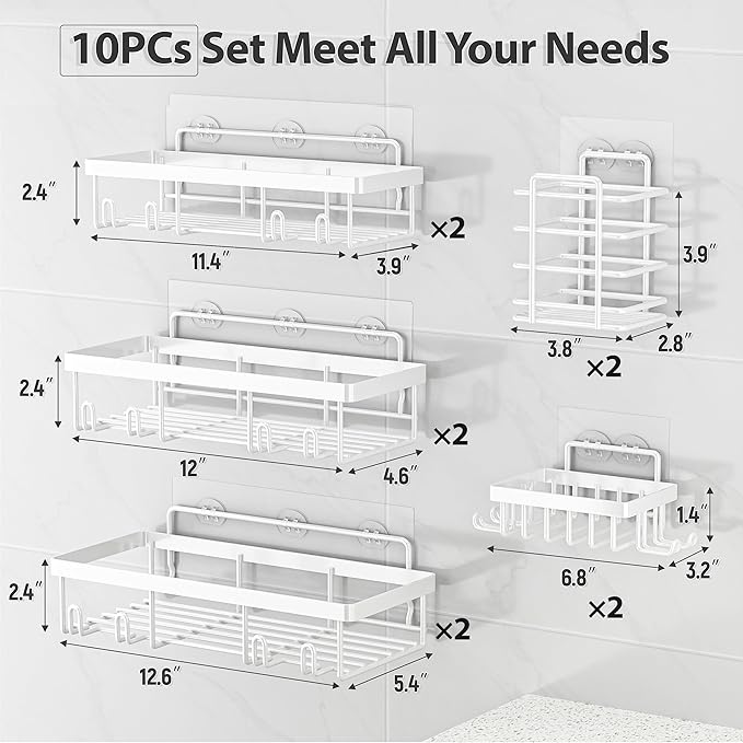 Liuoud 10 Pack Shower Caddy Organizer Rack Shelf for Inside Shower, Self Adhesive Wall Storage Basket Rustproof Stainless Steel Shampoo Holder Bathroom Accessory Decor Set, White