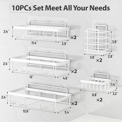 Liuoud 10 Pack Shower Caddy Organizer Rack Shelf for Inside Shower, Self Adhesive Wall Storage Basket Rustproof Stainless Steel Shampoo Holder Bathroom Accessory Decor Set, White