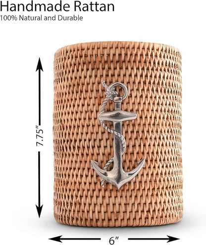 Vagabond House Utensil Holder - Large, Durable, Eco-Friendly Wicker Rattan Crock with Pewter Anchor - Versatile Kitchen Organizer, Perfect for Coastal Kitchen, Beach Themed Office - Boho Decor 8 Inch